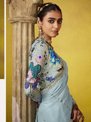 Aqua blue tissue silk blend embroidered saree 3