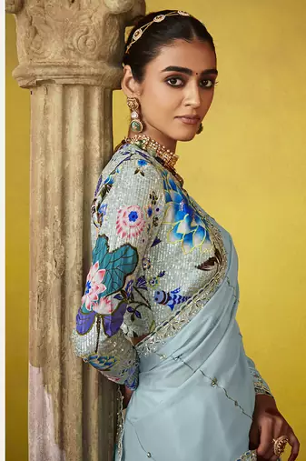 Aqua blue tissue silk blend embroidered saree