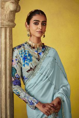 Aqua blue tissue silk blend embroidered saree 4