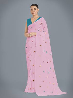 Pink georgette embroidered saree with unstitched blouse  1
