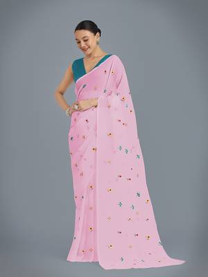 Pink georgette embroidered saree with unstitched blouse  2