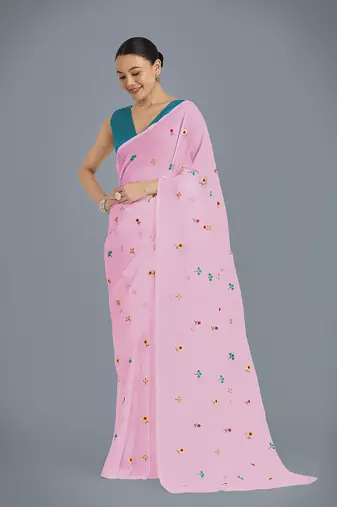 Pink georgette embroidered saree with unstitched blouse 