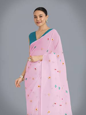 Pink georgette embroidered saree with unstitched blouse  3