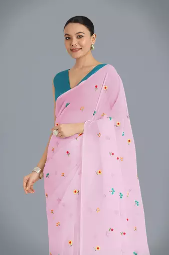 Pink georgette embroidered saree with unstitched blouse 