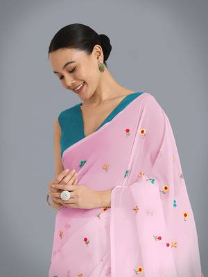 Pink georgette embroidered saree with unstitched blouse  4