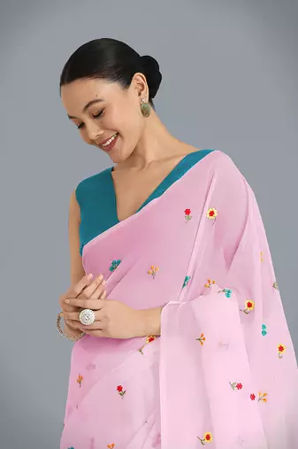 Pink georgette embroidered saree with unstitched blouse 