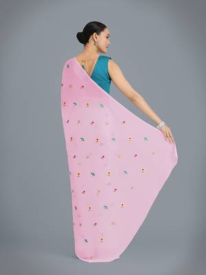 Pink georgette embroidered saree with unstitched blouse  5