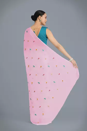 Pink georgette embroidered saree with unstitched blouse 