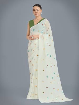 Cream georgette embroidered saree with unstitched blouse  1