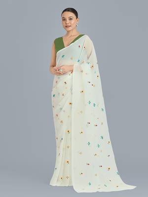 Cream georgette embroidered saree with unstitched blouse  4