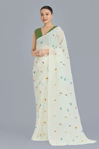 Cream georgette embroidered saree with unstitched blouse 