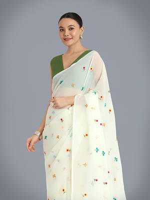 Cream georgette embroidered saree with unstitched blouse  5