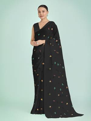 Black georgette embroidered saree with unstitched blouse  1
