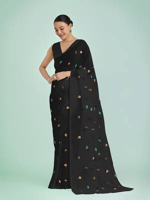 Black georgette embroidered saree with unstitched blouse  2
