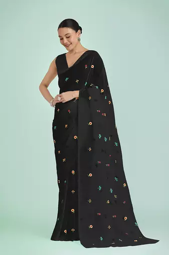 Black georgette embroidered saree with unstitched blouse 