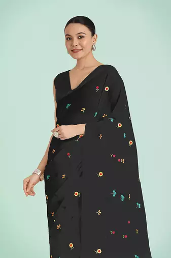 Black georgette embroidered saree with unstitched blouse 