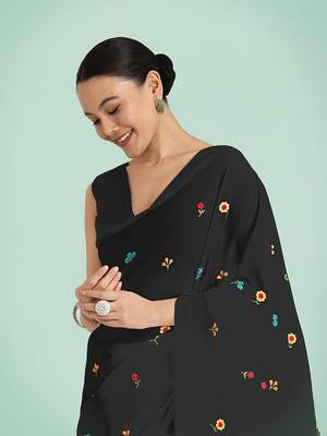 Black georgette embroidered saree with unstitched blouse  4
