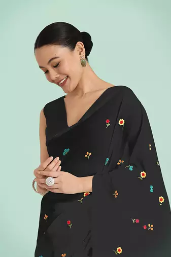 Black georgette embroidered saree with unstitched blouse 