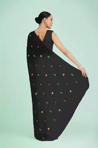 Black georgette embroidered saree with unstitched blouse 