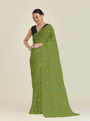 Green georgette embroidered saree with unstitched blouse  2