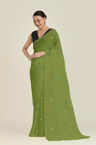 Green georgette embroidered saree with unstitched blouse 