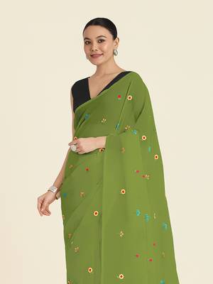 Green georgette embroidered saree with unstitched blouse  3