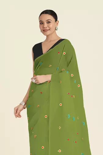 Green georgette embroidered saree with unstitched blouse 