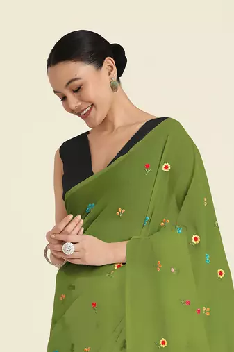Green georgette embroidered saree with unstitched blouse 