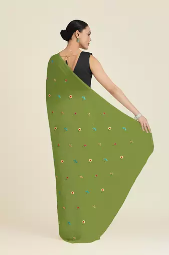 Green georgette embroidered saree with unstitched blouse 
