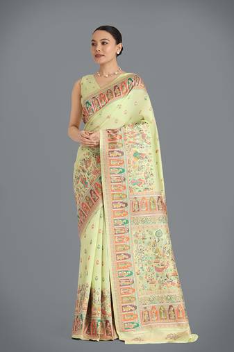 pista Pashmina silk blend gold zari woven saree with unstitched blouse