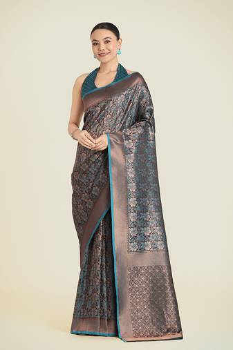 Teal banarasi silk blend woven saree with unstitched blouse