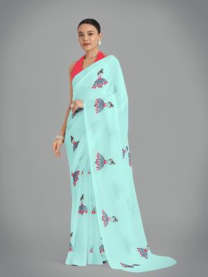 Faux Georgette sky blue embroidered saree with unstitched blouse  1