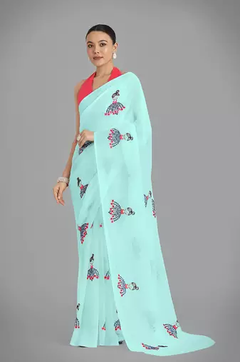 Georgette sky blue Thread work embroidery saree with unstitched blouse 