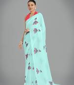 Georgette sky blue Thread work embroidery saree with unstitched blouse 