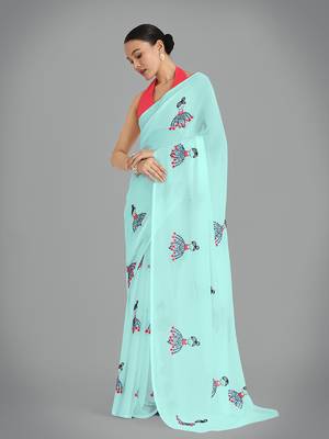 Faux Georgette sky blue embroidered saree with unstitched blouse  2