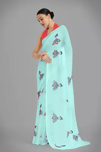 Faux Georgette sky blue embroidered saree with unstitched blouse 