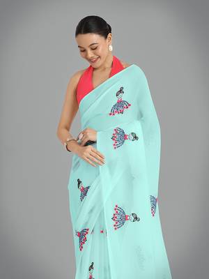 Faux Georgette sky blue embroidered saree with unstitched blouse  3