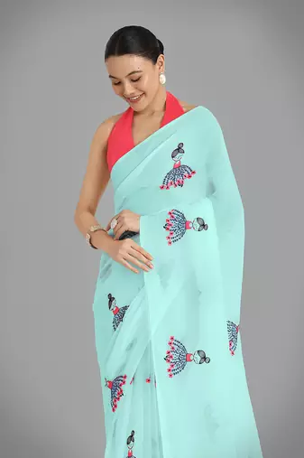 Faux Georgette sky blue embroidered saree with unstitched blouse 