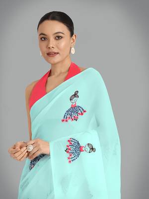 Faux Georgette sky blue embroidered saree with unstitched blouse  4