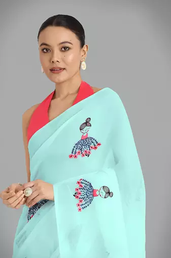 Faux Georgette sky blue embroidered saree with unstitched blouse 