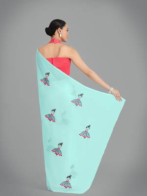 Faux Georgette sky blue embroidered saree with unstitched blouse  5