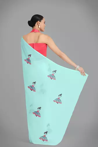 Faux Georgette sky blue embroidered saree with unstitched blouse 