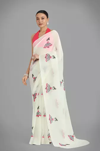 Faux Georgette cream embroidered saree with unstitched blouse 