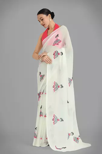 Faux Georgette cream embroidered saree with unstitched blouse 