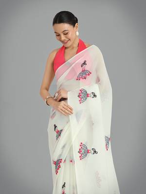 Faux Georgette cream embroidered saree with unstitched blouse  5