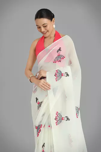 Faux Georgette cream embroidered saree with unstitched blouse 
