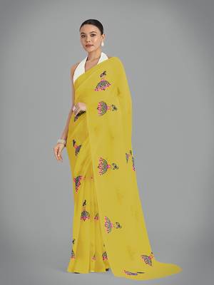 Faux Georgette mustard embroidered saree with unstitched blouse  1