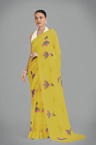 Georgette mustard Thread work embroidery saree with unstitched blouse 