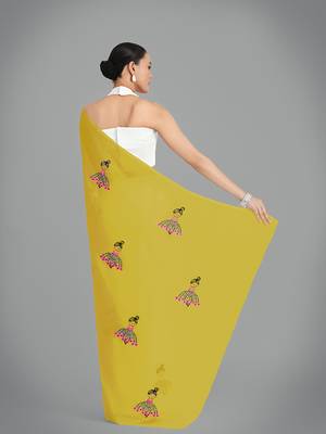 Faux Georgette mustard embroidered saree with unstitched blouse  2