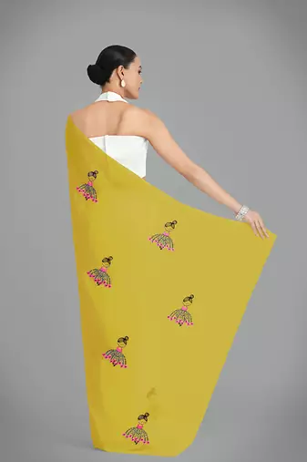Faux Georgette mustard embroidered saree with unstitched blouse 